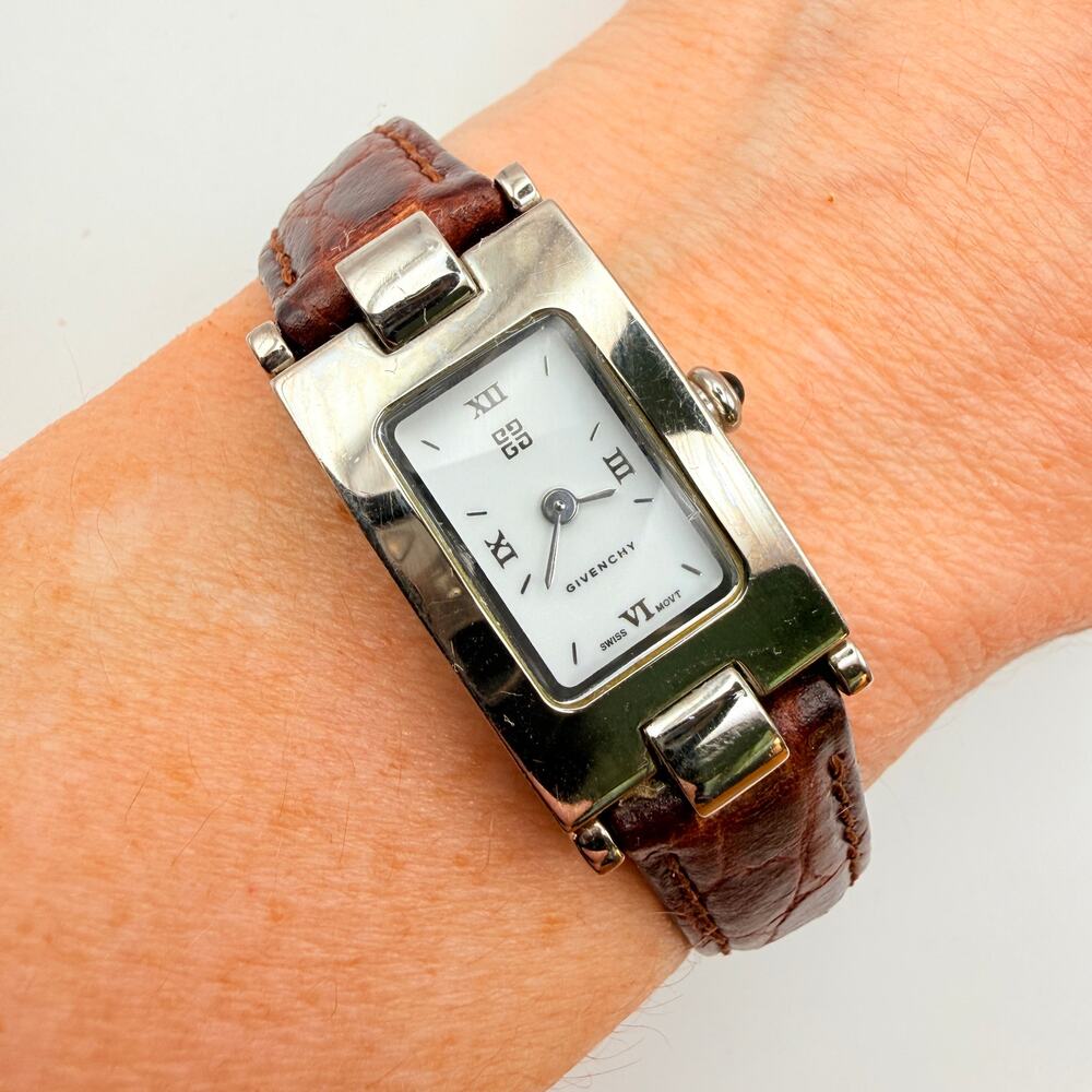 Vtg Givenchy Life Tank Rectangular Watch Stainless Leather Untested Broken Band